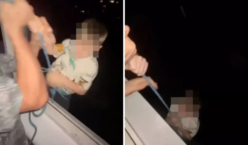 O görüntüler pes dedirtti: Çocuğunu ipe bağlayıp camdan sarkıttı!