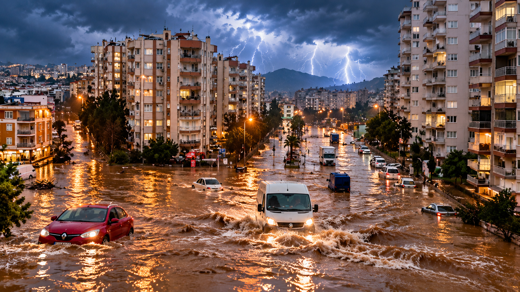 Lightning Over A Flooded City Avenue